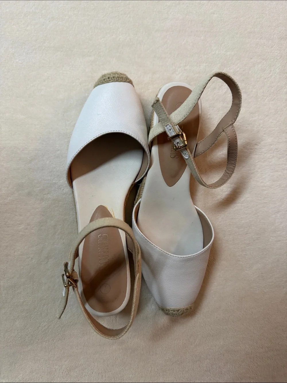White Leather Espadrille Slingback Sandals with Beige Strap